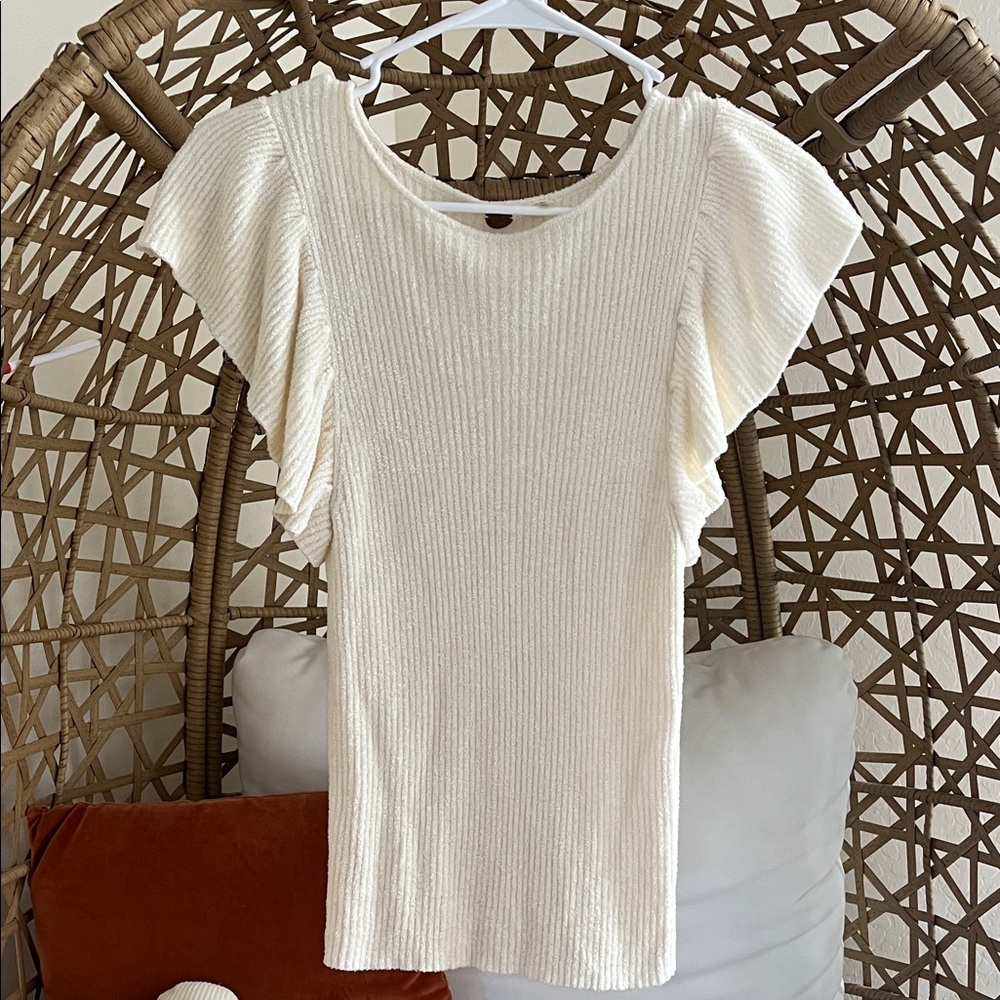 Free People Cream Ribbed Flutter Sleeve Top